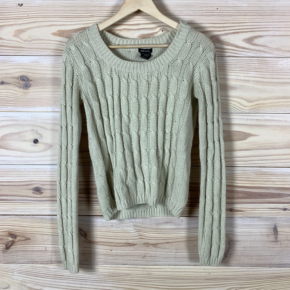 Y2K Wet Seal Sweater Womens Medium Beige Cropped Cable Knit Preppy Academia